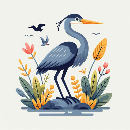 Cute vector illustration of a heron and birds in a forest.のイラスト素材