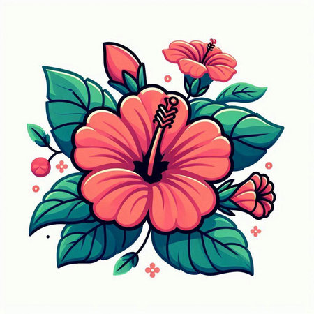 Hibiscus flower with leaves and flowers. Vector illustration.のイラスト素材