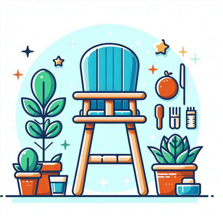 Vector illustration in flat linear style with chair and houseplants.のイラスト素材