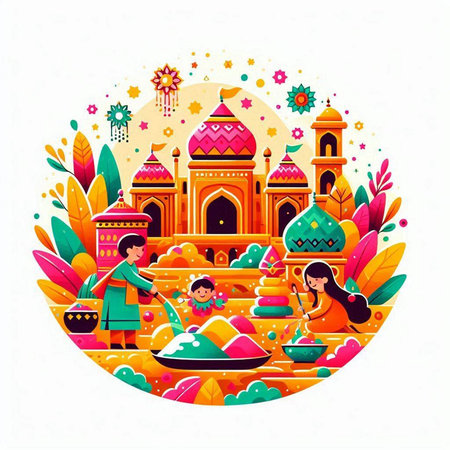 Indian people celebrating Holi festival in India, flat vector illustration.のイラスト素材