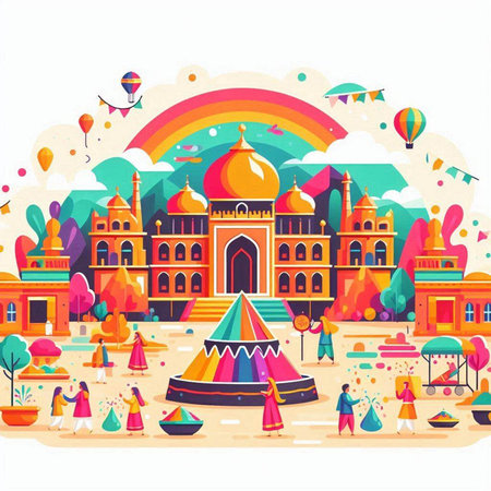 Colorful illustration of Indian cityscape with colorful buildings, people and rainbow.のイラスト素材