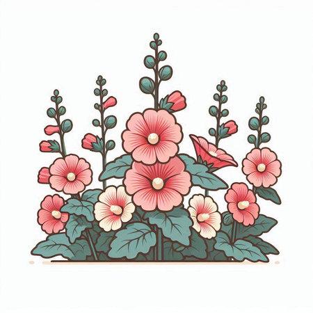 Hand drawn vector illustration of pink hollyhock flowers. Isolated on white background.のイラスト素材