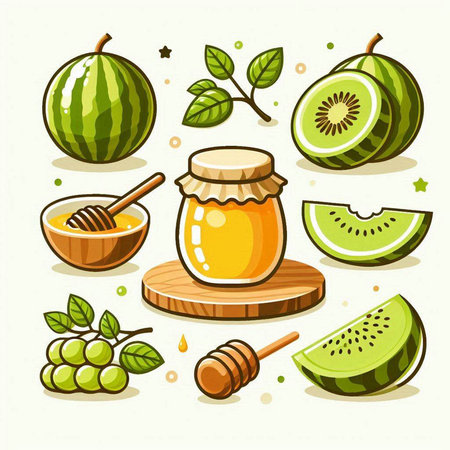 Set of fresh watermelons, honey, kiwi and mint. Vector illustrationのイラスト素材