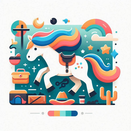 Vector illustration of a unicorn riding on the background of mountains and clouds.のイラスト素材