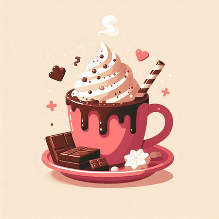 Cup of coffee with cream, chocolate and hearts. Vector illustration.のイラスト素材