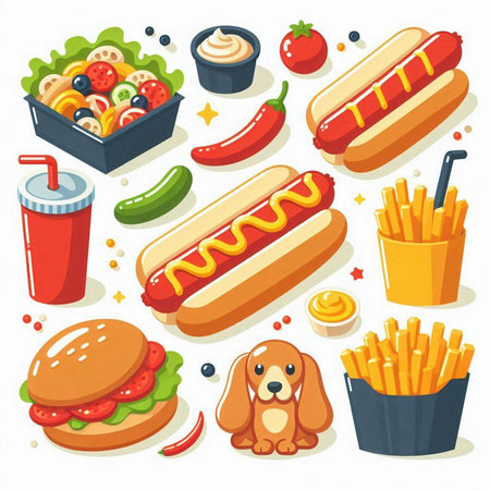 Fast food icons set with hot dog and french fries isolated vector illustrationのイラスト素材