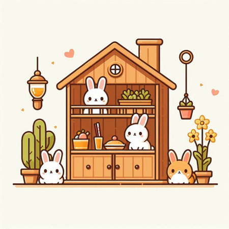 Vector illustration of cute bunnies in a cozy wooden house.のイラスト素材