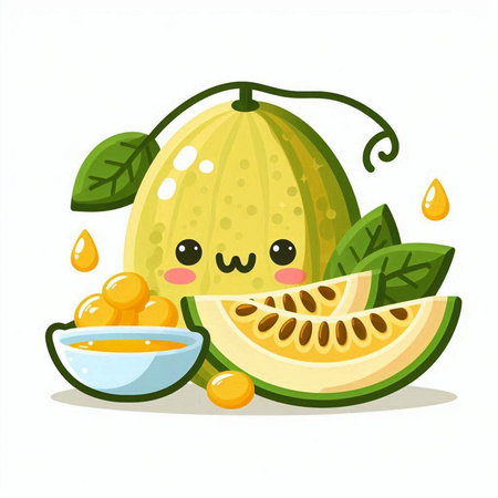 Cute kawaii melon fruit character, vector illustration.のイラスト素材