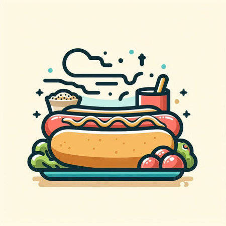 Hot dog icon in flat line style. Fast food vector illustration.のイラスト素材