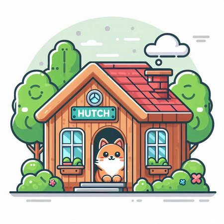 Cute cartoon cat in a wooden house in the park. Vector illustration.のイラスト素材