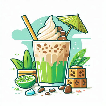 Iced coffee with whipped cream in a glass. Vector illustration.のイラスト素材