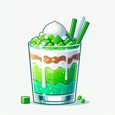 Illustration of a glass of green smoothie with ice cream and strawsのイラスト素材
