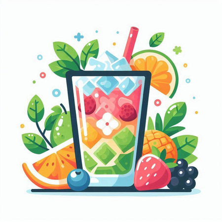 Refreshing summer cocktail with berries and fruits. Cartoon vector illustration.のイラスト素材