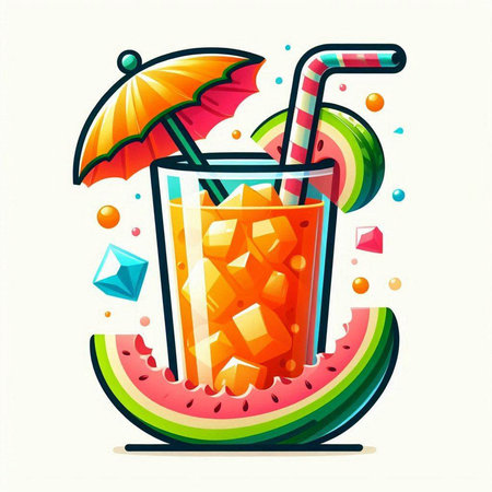 Fruit juice with ice cubes, watermelon and umbrella. Vector illustration.のイラスト素材