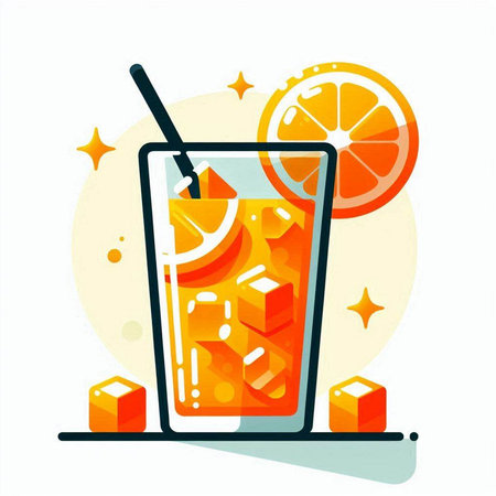 Orange juice with ice cubes and straw in glass. Vector illustration.のイラスト素材