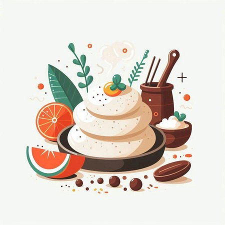 Pancakes and ingredients for cooking. Vector illustration in flat style.のイラスト素材
