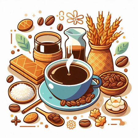 Coffee cup with beans, beans, milk, sugar and cinnamon. Vector illustration.のイラスト素材
