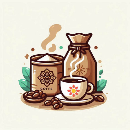 Coffee bag and cup with coffee beans. Vector illustration.のイラスト素材