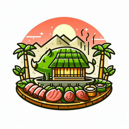 Illustration of a pig house surrounded by palm trees and sushi.のイラスト素材