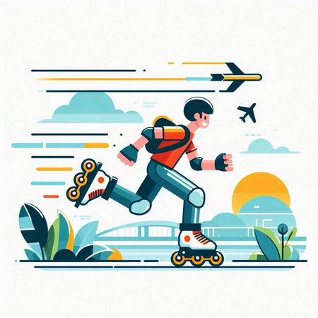 Roller skating vector illustration. Man in helmet riding on rollerblades in the park.のイラスト素材