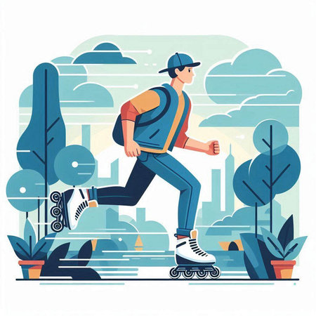Man riding on roller skates in the park. Flat vector illustration.のイラスト素材