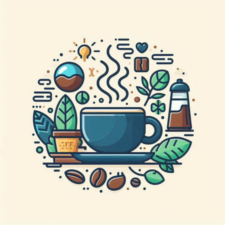 Coffee cup with coffee beans, leaves and icons. Vector illustrationのイラスト素材