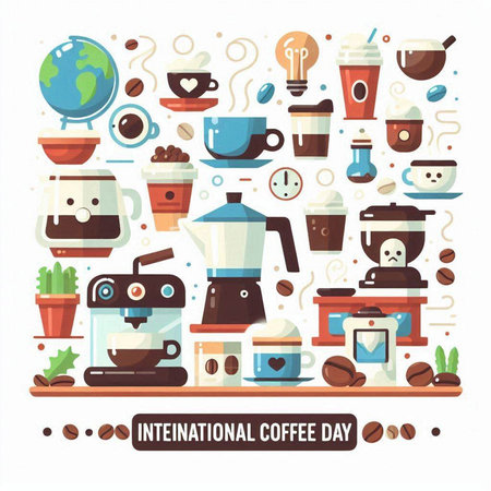 Coffee shop and cafe poster with flat icons of coffee maker, cup of cappuccino, espresso machine, coffee beans, coffee maker and world map. Vector illustrationのイラスト素材