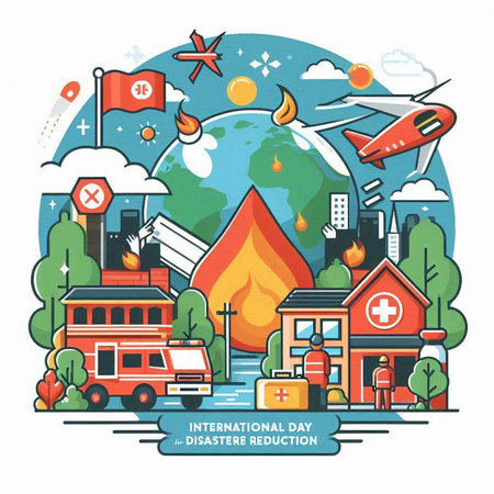 Vector illustration of infographics with fire brigade, ambulance, fire truck, fire house, fire truck, emergency car and globe.のイラスト素材