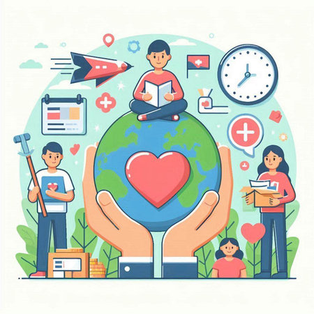 Global communication concept. Vector illustration in flat design style with people and icons.のイラスト素材