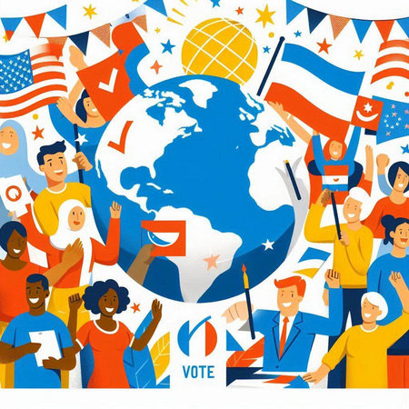 International Day of Democracy. Vector illustration with people holding flags and banners.のイラスト素材