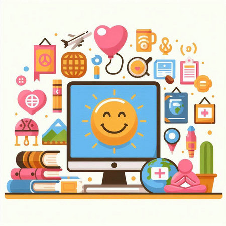 Vector illustration of computer screen with happy smiley face. Flat style design.のイラスト素材