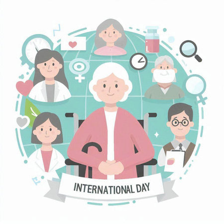 International Day of Older Persons. Vector illustration of an elderly woman with a group of people.のイラスト素材