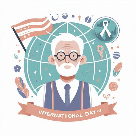 International Day of Older Persons. Illustration of an old man with a beard and mustache wearing glasses.のイラスト素材