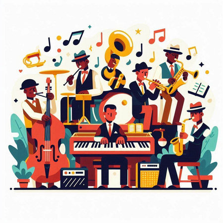 Musical band flat vector illustration. Musicians playing musical instruments, saxophone, piano, trumpet, saxophone, accordion, saxophone, flute, trumpet. Music concept for banner, website designのイラスト素材