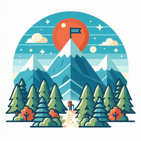 Mountains and forest. Vector illustration in flat style. Mountain landscape.のイラスト素材
