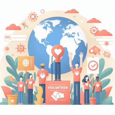Volunteering concept. Volunteers, volunteers, volunteers, volunteers help the world. Vector illustrationのイラスト素材