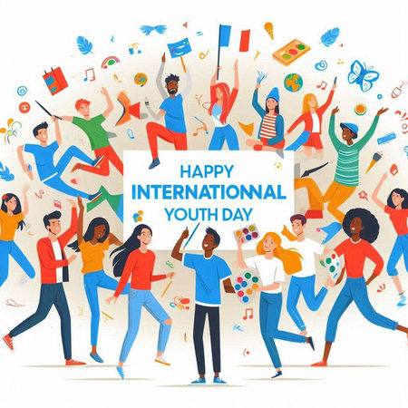 Happy international youth day. Group of young men and women holding flags and celebrating success. Flat vector illustration.のイラスト素材