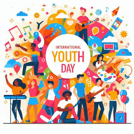 International Youth Day. Group of young people with musical instruments. Vector illustrationのイラスト素材