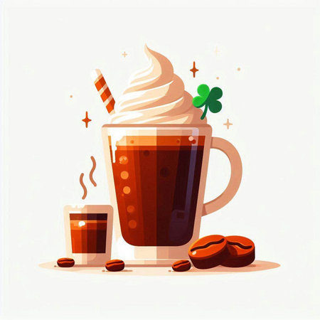 Cup of coffee with whipped cream and coffee beans. Vector illustration.のイラスト素材