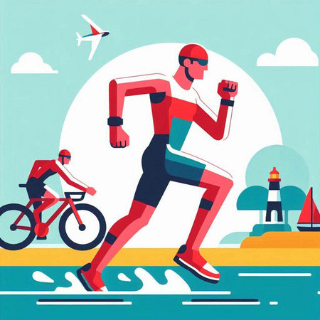 Cyclist in sportswear running on the beach. Vector illustrationのイラスト素材