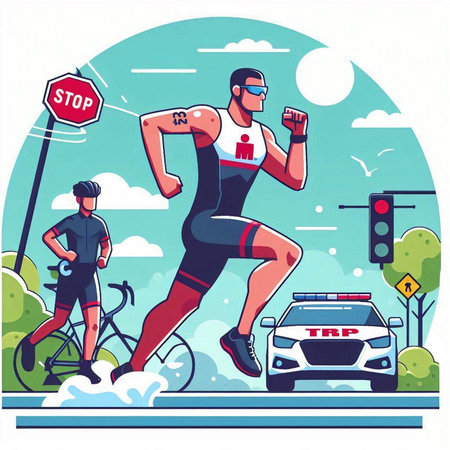 Vector illustration of a triathlete running on the road. Sportsman jogging.のイラスト素材