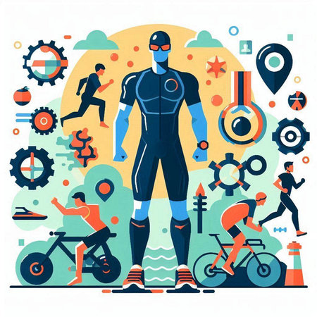 Cyclists with gear. Vector illustration in flat design style.のイラスト素材
