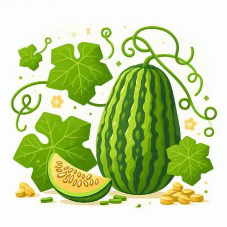 Watermelon and melon with leaves and seeds. Vector illustration.のイラスト素材