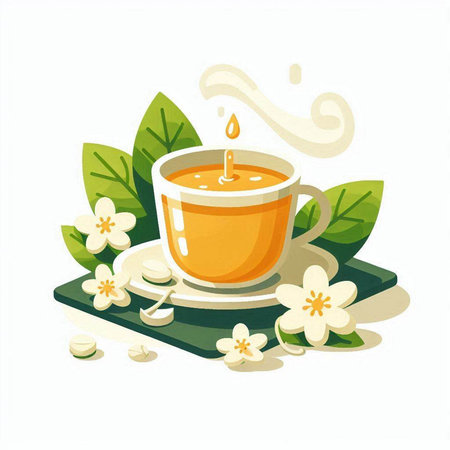 Cup of tea and leaves on a white background. Vector illustration.のイラスト素材