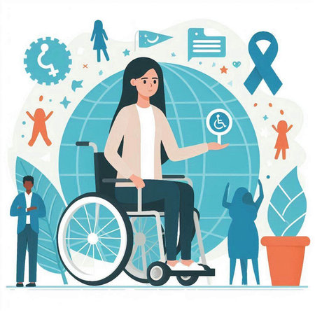 Disabled woman in wheelchair, vector illustration. Female character in wheelchair, people with disability, health care and medicine.のイラスト素材