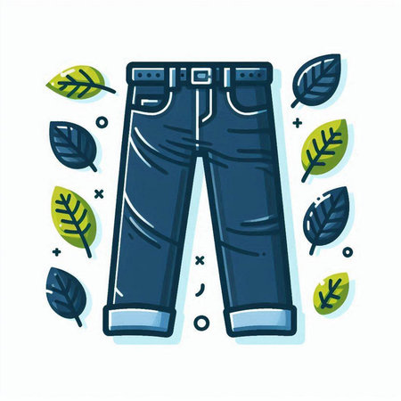 Blue jeans with green leaves on a white background. Vector illustration.のイラスト素材