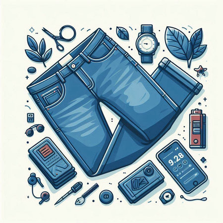 Vector illustration of a set of men's clothes and accessories. Jeans, pants, watches and other things.のイラスト素材