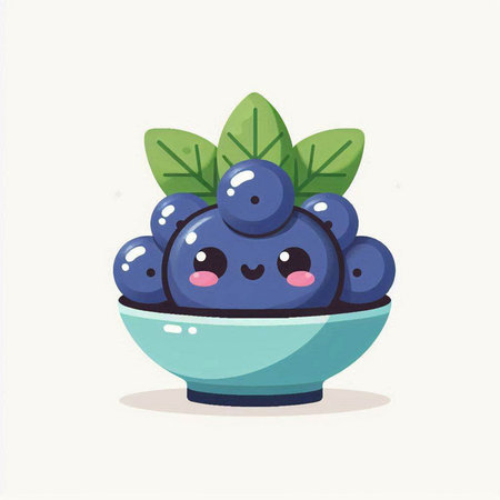 Cute cartoon blueberry fruit in a bowl. Vector illustration.のイラスト素材