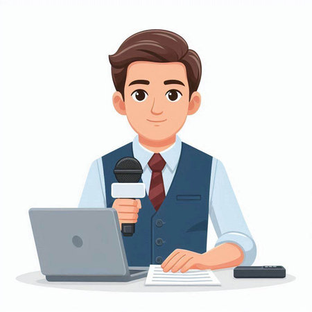 Journalist with microphone and laptop. Vector illustration in cartoon style.のイラスト素材