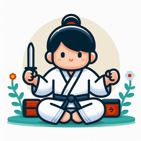 Kung fu girl in kimono with sword. Vector illustration.のイラスト素材
